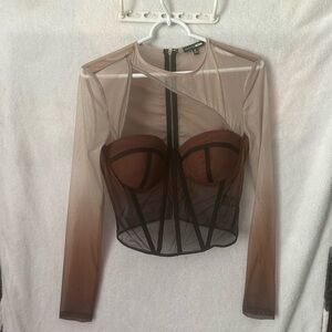 Fashion Nova Sheer Brown corset Long Sleeve Top